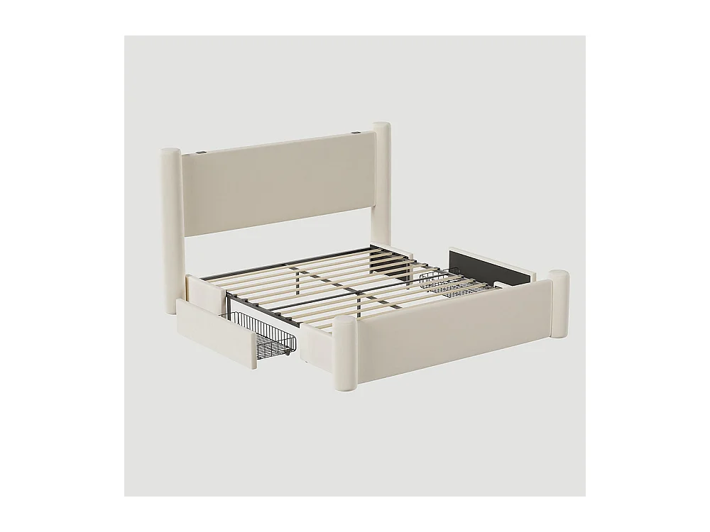 Lit avec tiroir 160x200 au design moderne design à colonnes 3D tête de lit rembourrée 2 tiroirs de rangement et ports USB intégrés beige