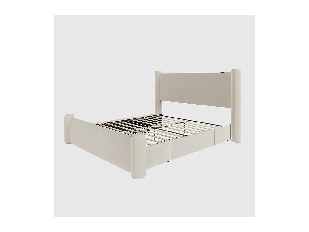 Lit avec tiroir 160x200 au design moderne design à colonnes 3D tête de lit rembourrée 2 tiroirs de rangement et ports USB intégrés beige