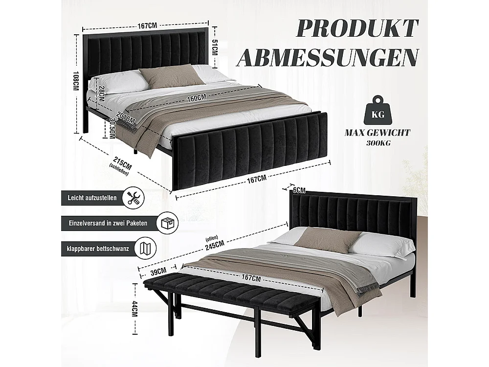 Lit adulte lit rembourré 160x200 avec banquette d'extrémité avec organisation cadre de lit en fer lit pour adolescents lit pour adultes velours noir