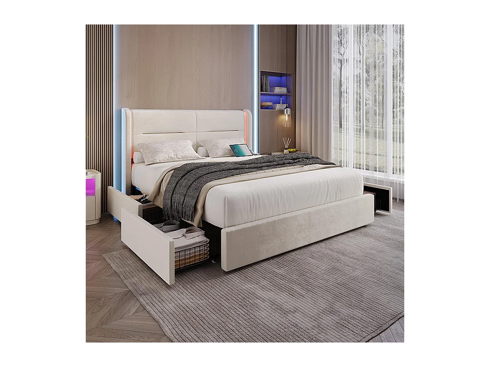 Lit avec tiroir moderne 160x200 avec éclairage LED dans la tête de lit 4 tiroirs de rangement pratiques double port USB beige