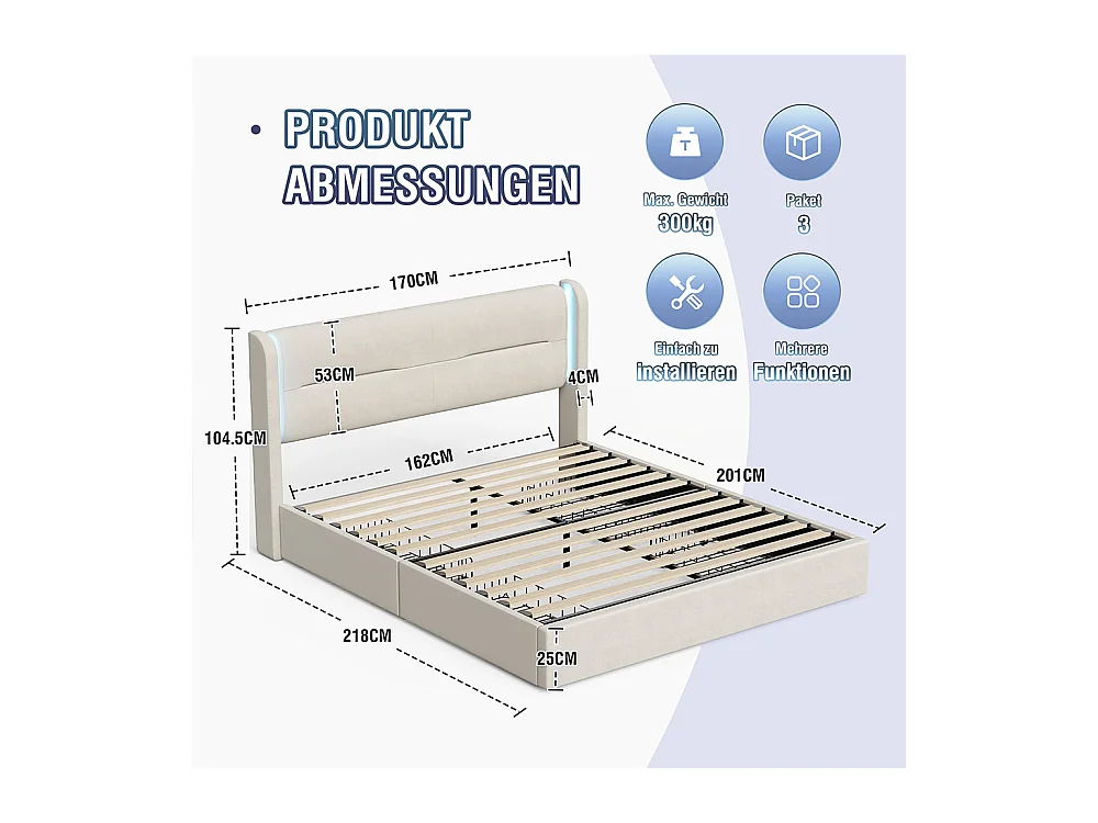 Lit avec tiroir moderne 160x200 avec éclairage LED dans la tête de lit 4 tiroirs de rangement pratiques double port USB beige
