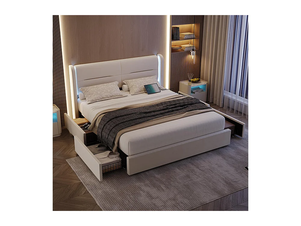 Lit avec tiroir moderne 160x200 avec éclairage LED dans la tête de lit 4 tiroirs de rangement pratiques double port USB beige