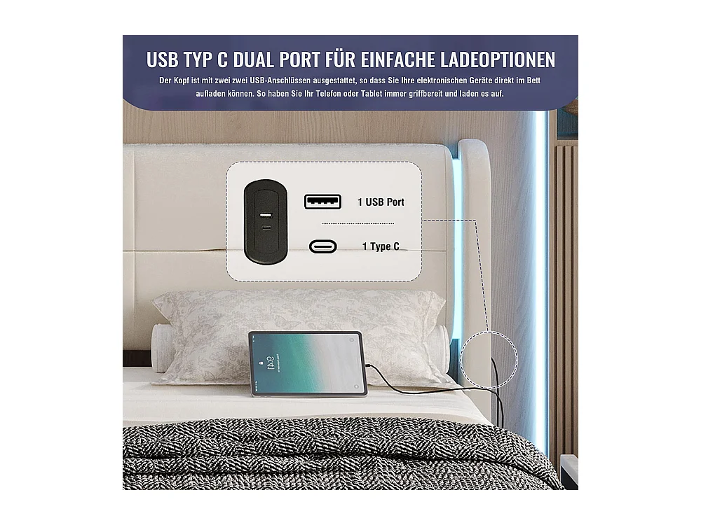 Lit avec tiroir moderne 160x200 avec éclairage LED dans la tête de lit 4 tiroirs de rangement pratiques double port USB beige