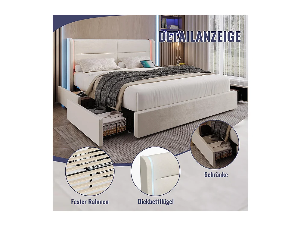 Lit avec tiroir moderne 160x200 avec éclairage LED dans la tête de lit 4 tiroirs de rangement pratiques double port USB beige