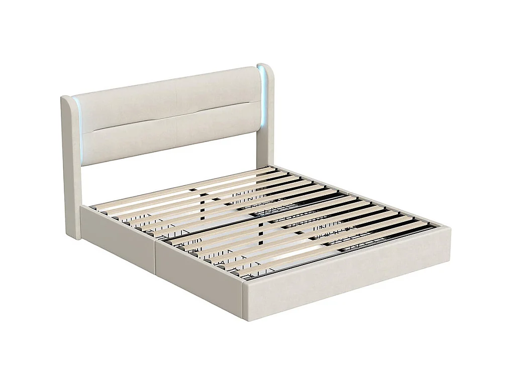 Lit avec tiroir moderne 160x200 avec éclairage LED dans la tête de lit 4 tiroirs de rangement pratiques double port USB beige