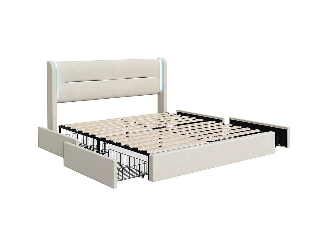 Lit avec tiroir moderne 160x200 avec éclairage LED dans la tête de lit 4 tiroirs de rangement pratiques double port USB beige