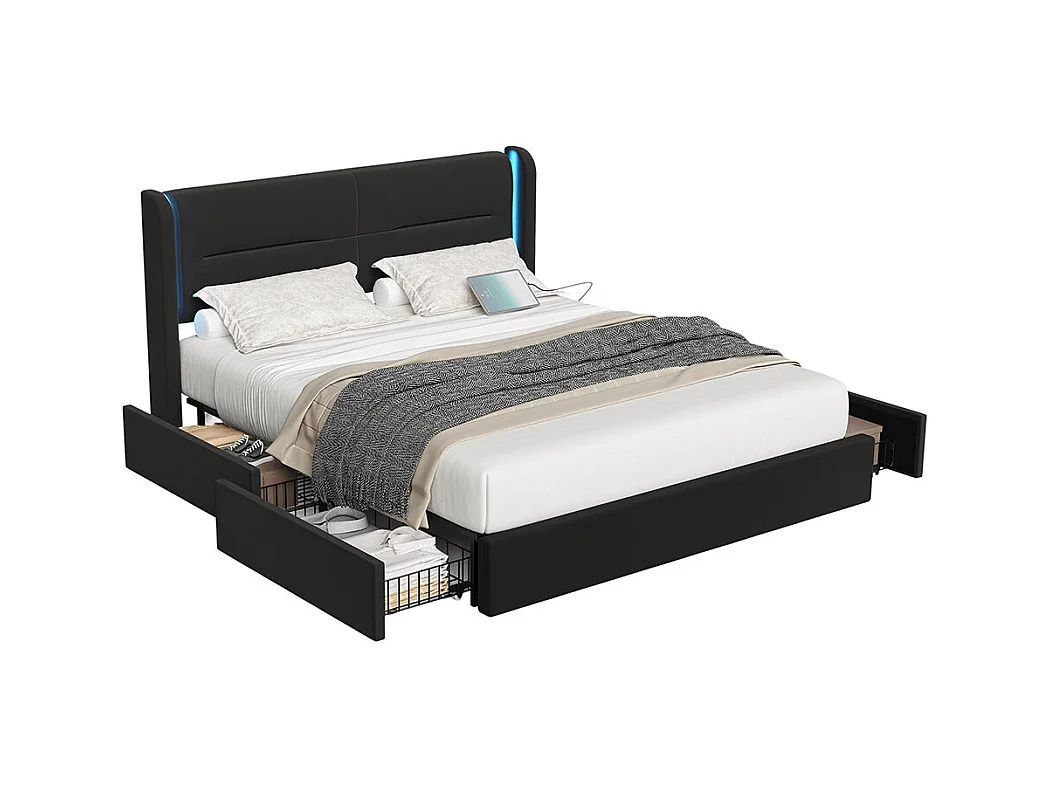 Lit avec tiroir moderne 140x200 avec éclairage LED dans la tête de lit 4 tiroirs de rangement pratiques double port USB noir