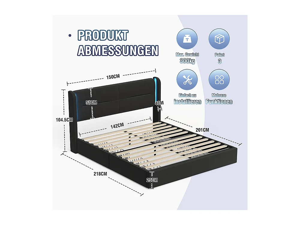 Lit avec tiroir moderne 140x200 avec éclairage LED dans la tête de lit 4 tiroirs de rangement pratiques double port USB noir