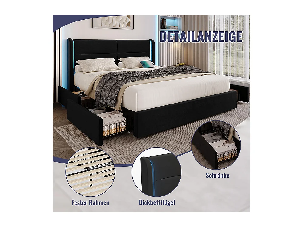 Lit avec tiroir moderne 140x200 avec éclairage LED dans la tête de lit 4 tiroirs de rangement pratiques double port USB noir
