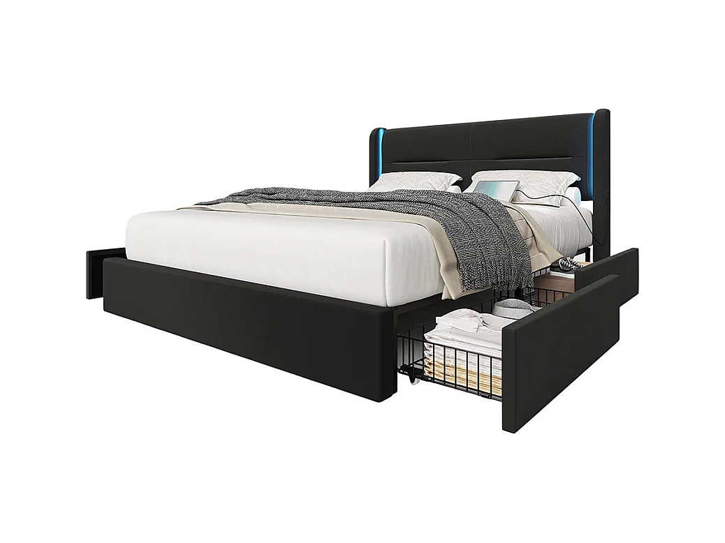 Lit avec tiroir moderne 140x200 avec éclairage LED dans la tête de lit 4 tiroirs de rangement pratiques double port USB noir