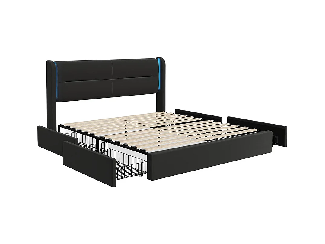 Lit avec tiroir moderne 140x200 avec éclairage LED dans la tête de lit 4 tiroirs de rangement pratiques double port USB noir