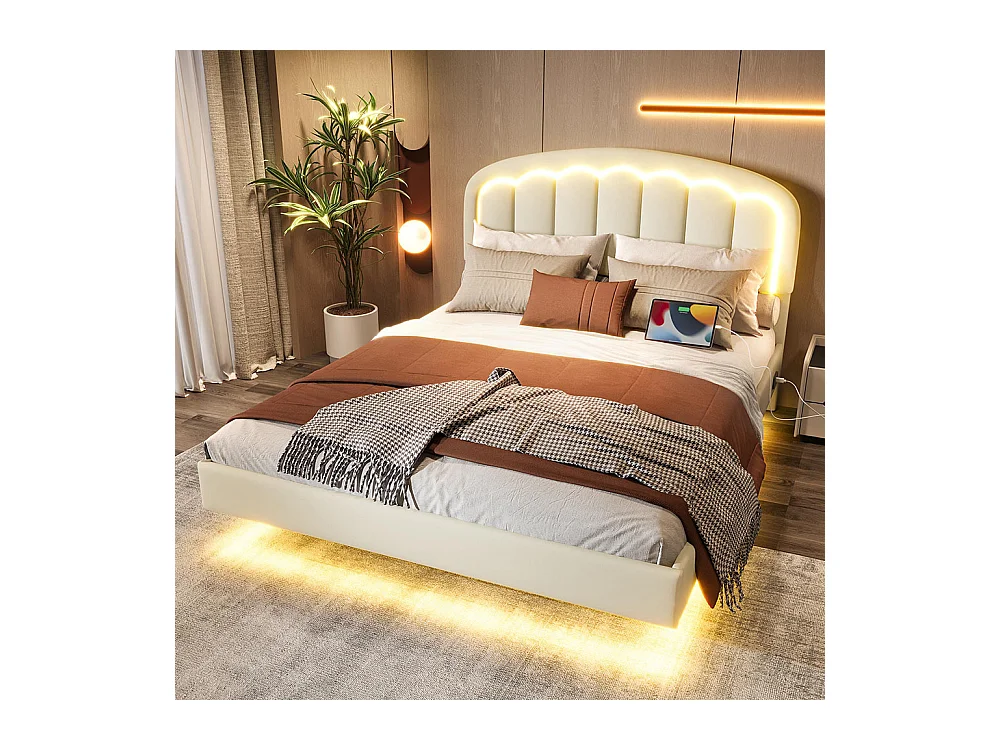 Lit adulte moderne 160x200 avec tête de lit en forme de pétales design suspendu et bande lumineuse LED structure métallique robuste blanc