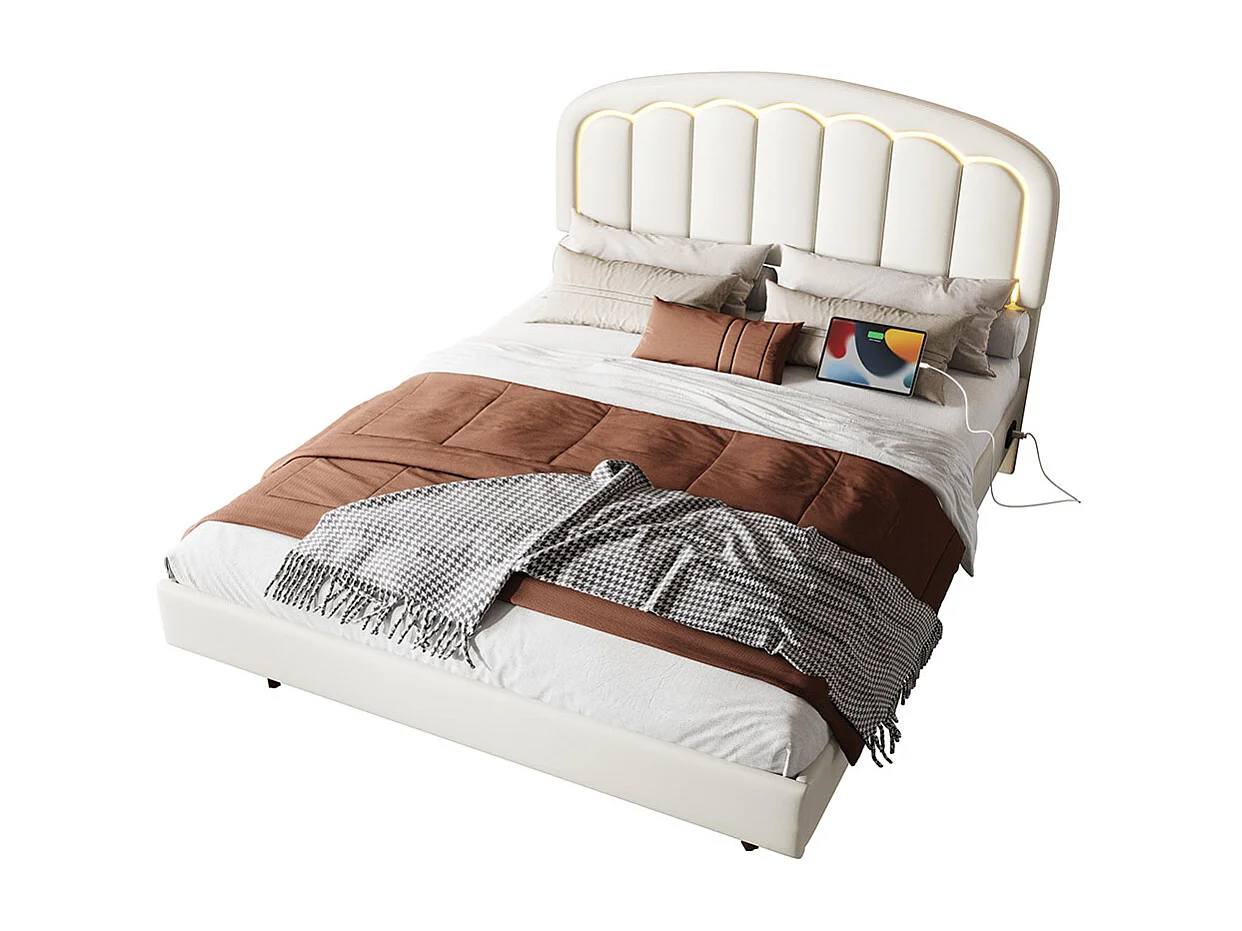 Lit adulte moderne 160x200 avec tête de lit en forme de pétales design suspendu et bande lumineuse LED structure métallique robuste blanc