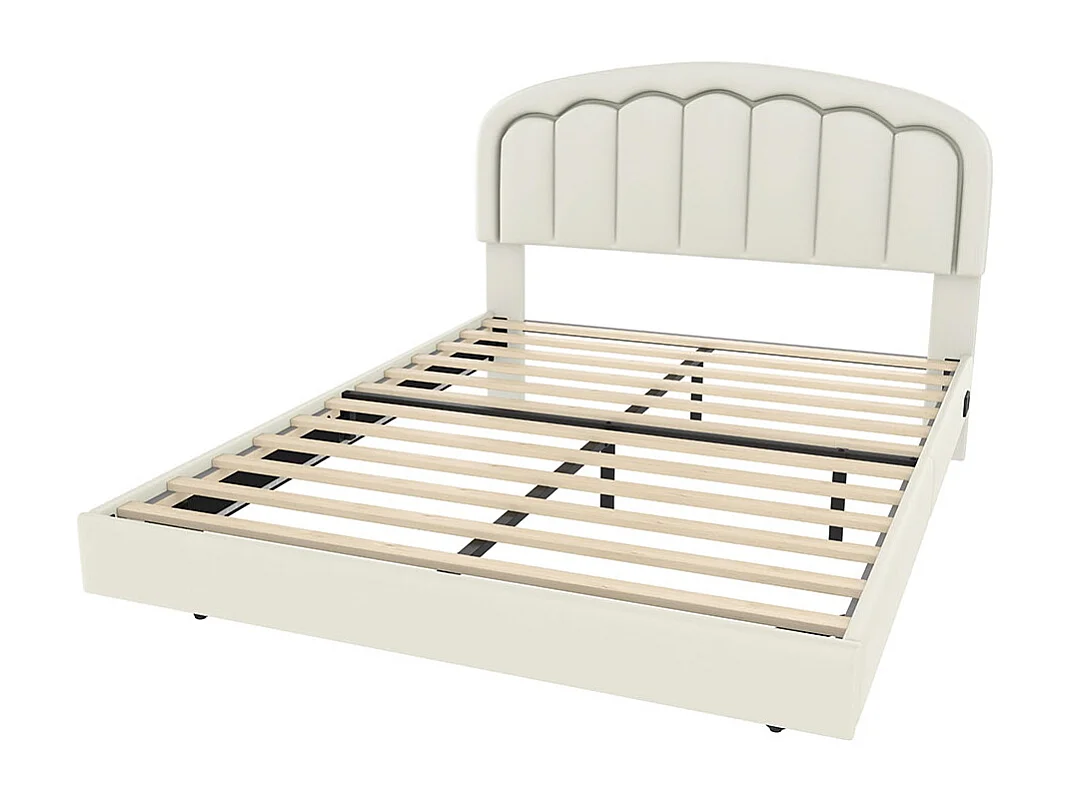 Lit adulte moderne 160x200 avec tête de lit en forme de pétales design suspendu et bande lumineuse LED structure métallique robuste blanc