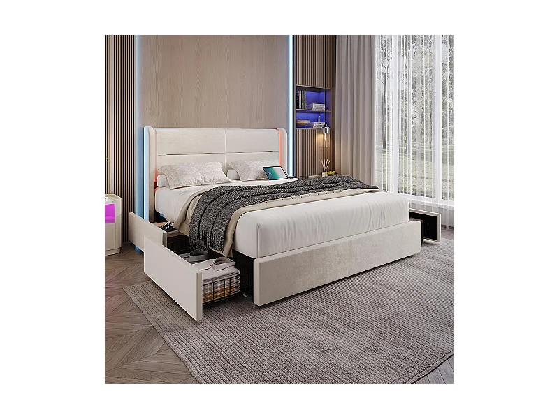 Lit avec tiroir moderne 140x200 avec éclairage LED dans la tête de lit 4 tiroirs de rangement pratiques double port USB beige