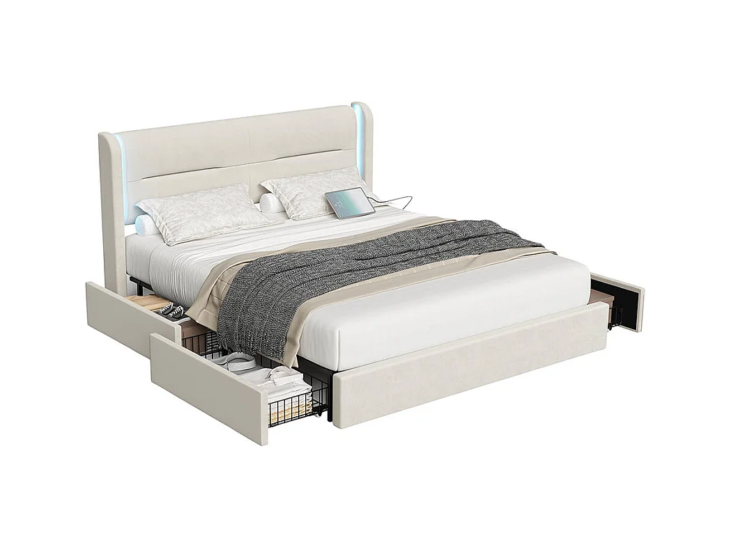 Lit avec tiroir moderne 140x200 avec éclairage LED dans la tête de lit 4 tiroirs de rangement pratiques double port USB beige