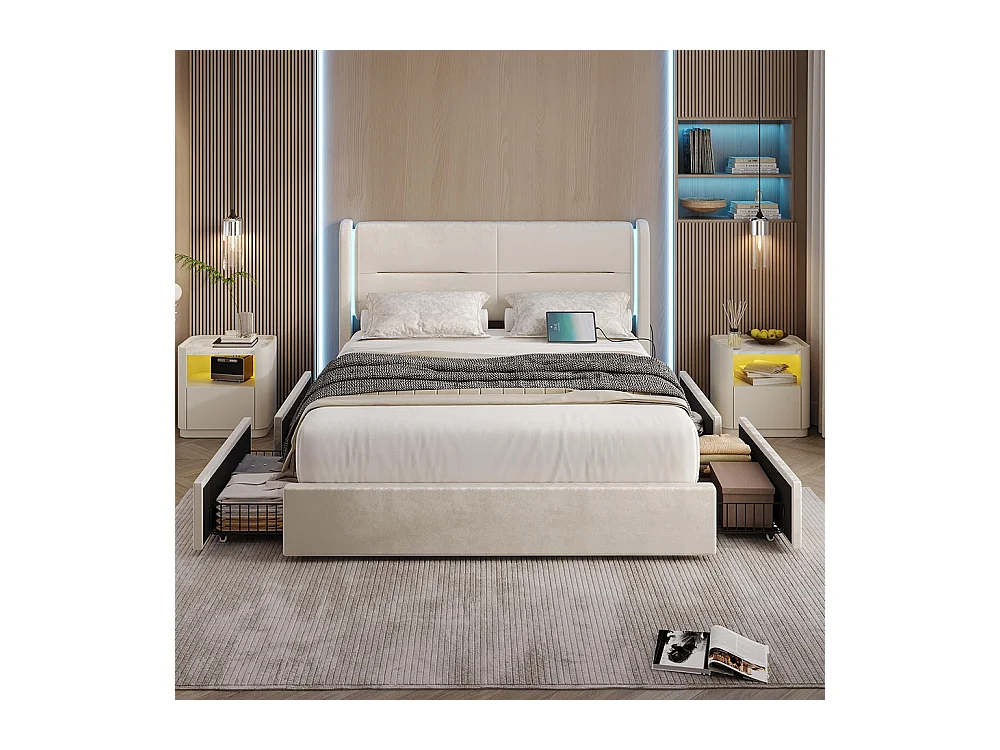 Lit avec tiroir moderne 140x200 avec éclairage LED dans la tête de lit 4 tiroirs de rangement pratiques double port USB beige