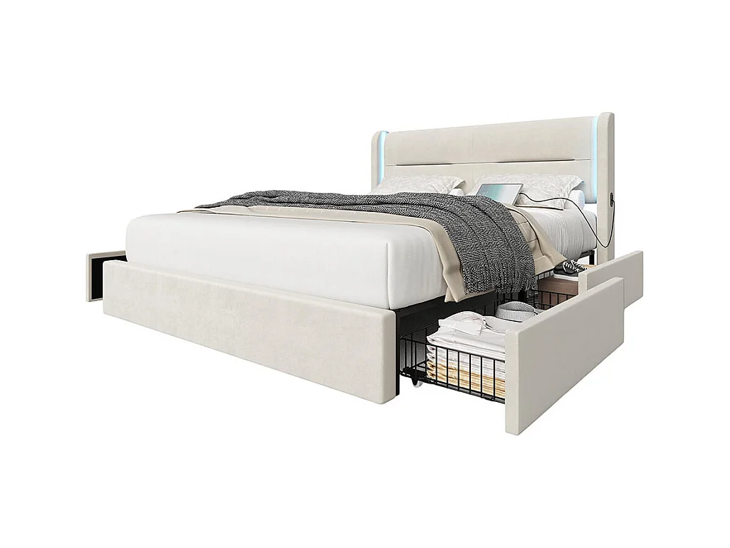 Lit avec tiroir moderne 140x200 avec éclairage LED dans la tête de lit 4 tiroirs de rangement pratiques double port USB beige