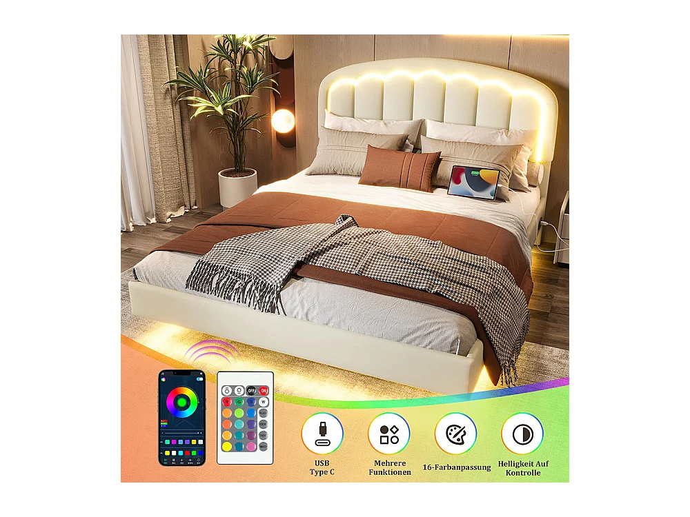 Lit adulte moderne 140x200 avec tête de lit en forme de pétales design suspendu et bande lumineuse LED structure métallique robuste blanc