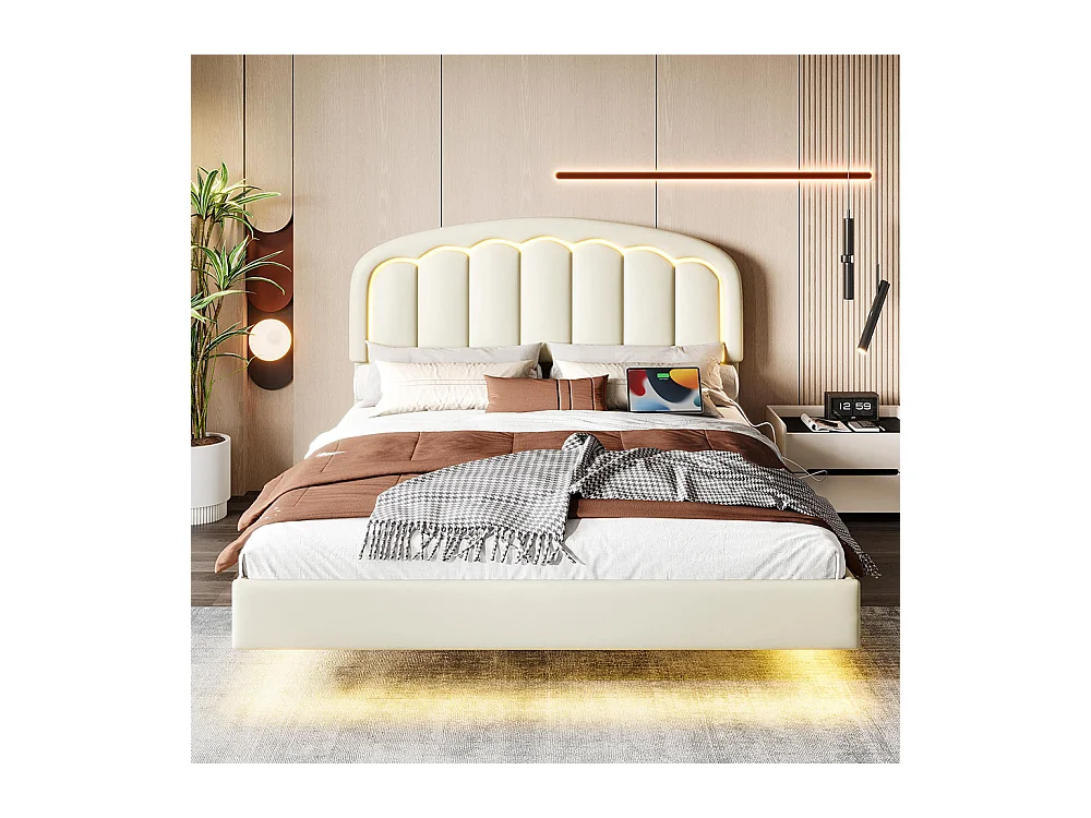 Lit adulte moderne 140x200 avec tête de lit en forme de pétales design suspendu et bande lumineuse LED structure métallique robuste blanc