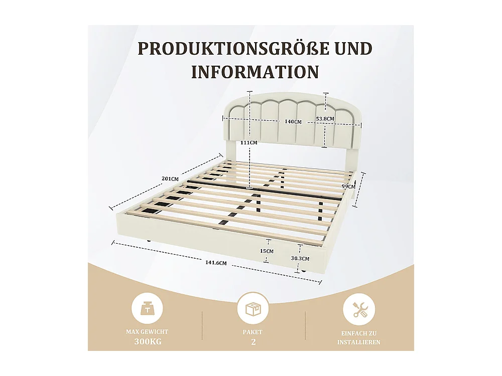 Lit adulte moderne 140x200 avec tête de lit en forme de pétales design suspendu et bande lumineuse LED structure métallique robuste blanc