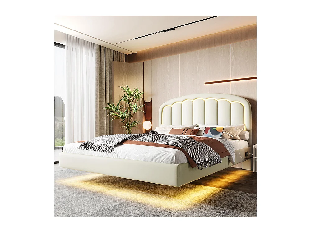 Lit adulte moderne 140x200 avec tête de lit en forme de pétales design suspendu et bande lumineuse LED structure métallique robuste blanc