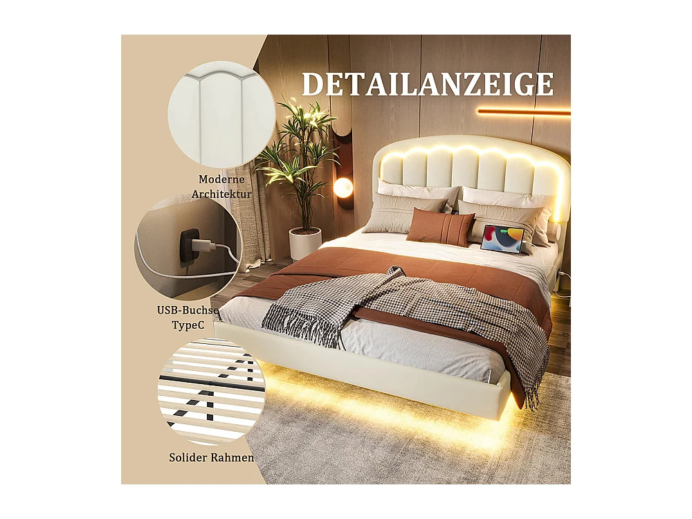 Lit adulte moderne 140x200 avec tête de lit en forme de pétales design suspendu et bande lumineuse LED structure métallique robuste blanc