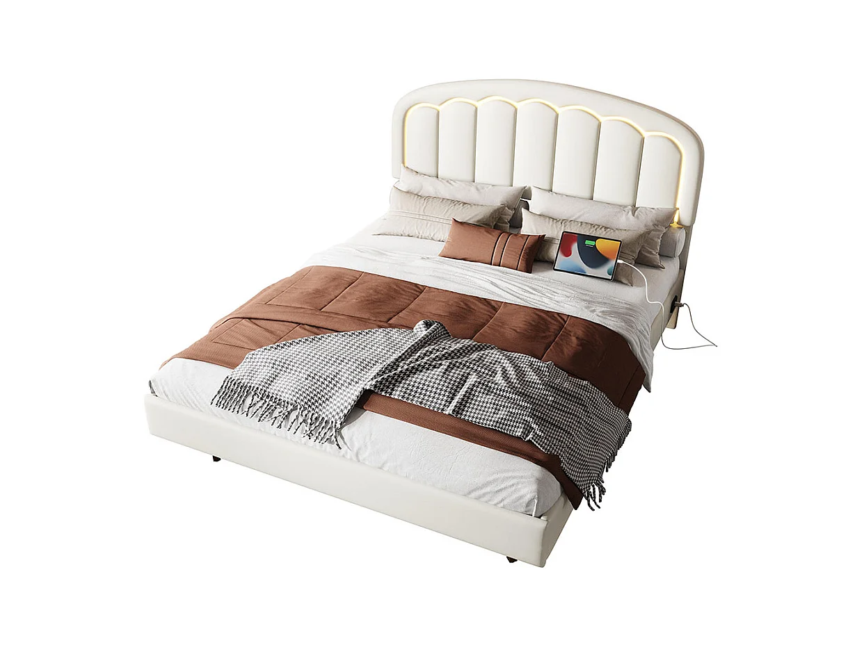 Lit adulte moderne 140x200 avec tête de lit en forme de pétales design suspendu et bande lumineuse LED structure métallique robuste blanc