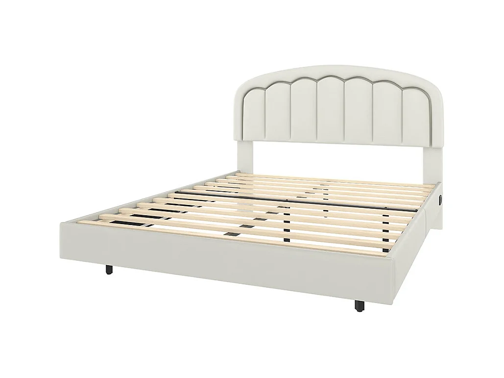 Lit adulte moderne 140x200 avec tête de lit en forme de pétales design suspendu et bande lumineuse LED structure métallique robuste blanc