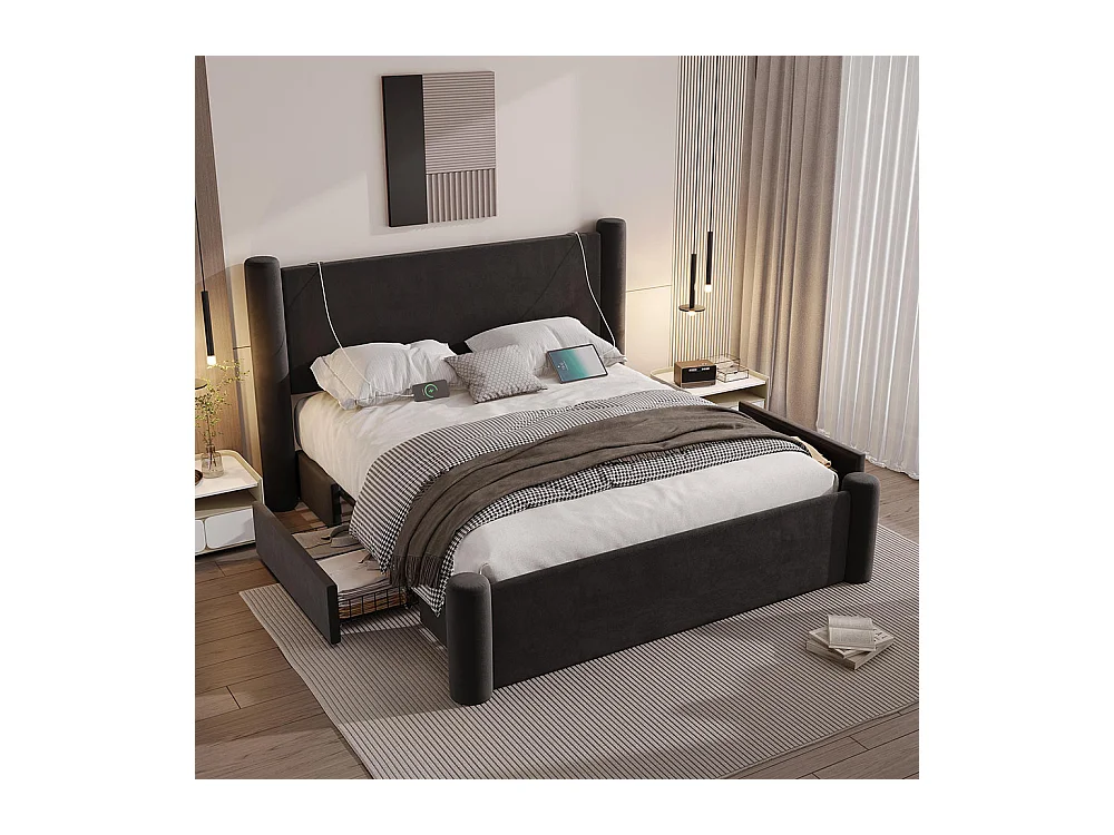 Lit avec tiroir 140x200 au design moderne design à colonnes 3D tête de lit rembourrée 2 tiroirs de rangement et ports USB intégrés noir