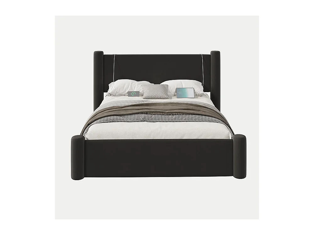 Lit avec tiroir 140x200 au design moderne design à colonnes 3D tête de lit rembourrée 2 tiroirs de rangement et ports USB intégrés noir