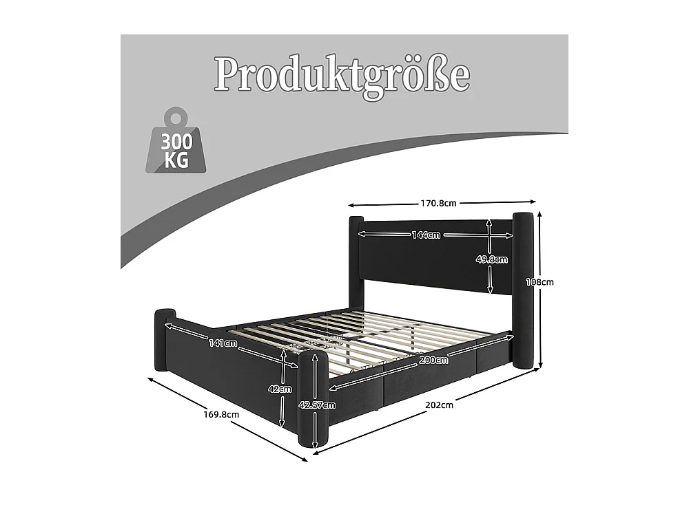 Lit avec tiroir 140x200 au design moderne design à colonnes 3D tête de lit rembourrée 2 tiroirs de rangement et ports USB intégrés noir