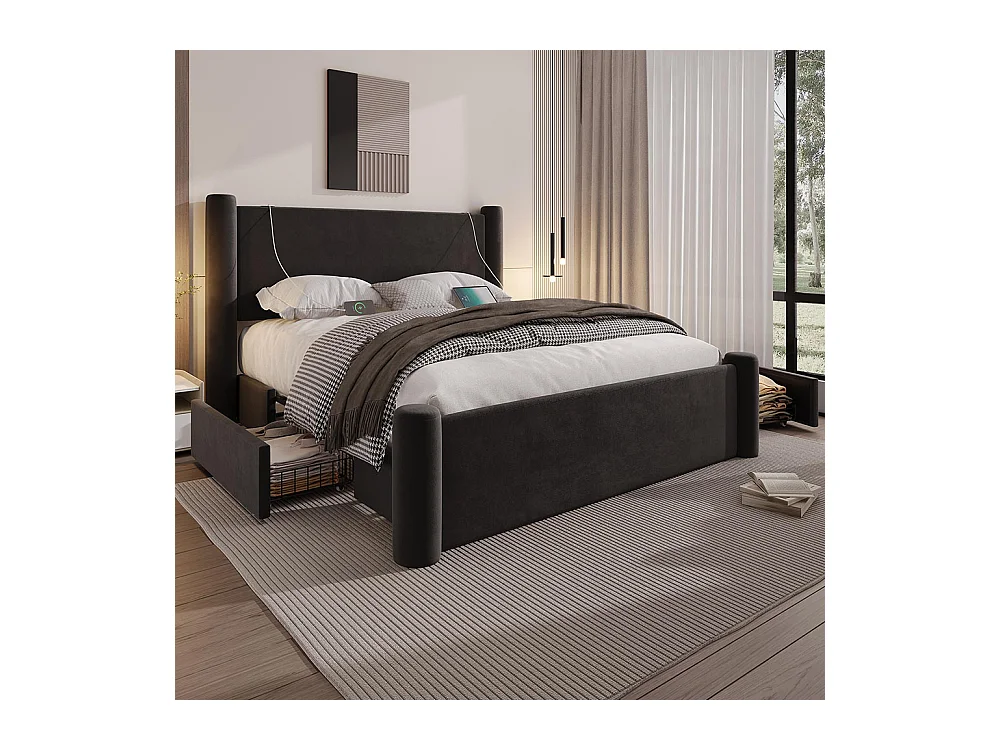 Lit avec tiroir 140x200 au design moderne design à colonnes 3D tête de lit rembourrée 2 tiroirs de rangement et ports USB intégrés noir