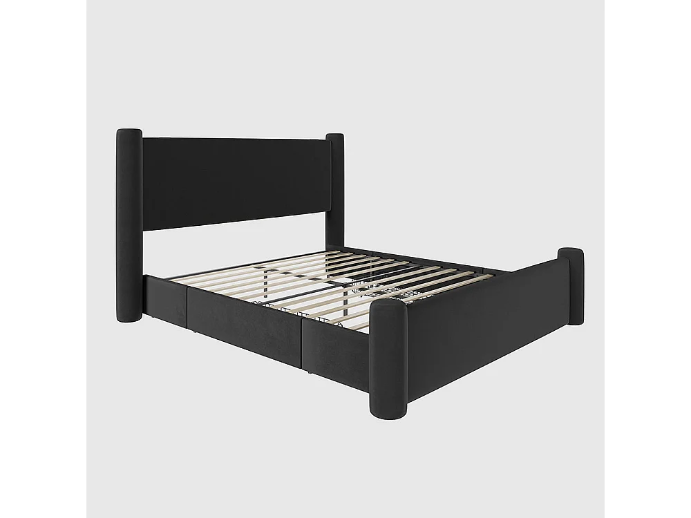 Lit avec tiroir 140x200 au design moderne design à colonnes 3D tête de lit rembourrée 2 tiroirs de rangement et ports USB intégrés noir