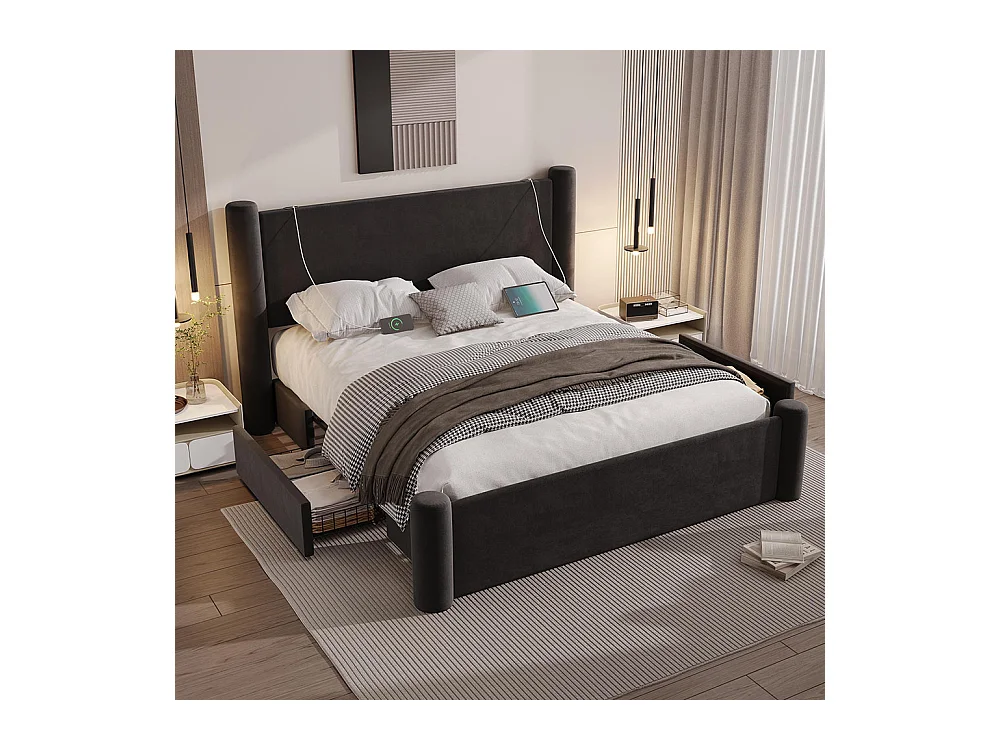 Lit avec tiroir 160x200 au design moderne design à colonnes 3D tête de lit rembourrée 2 tiroirs de rangement et ports USB intégrés noir