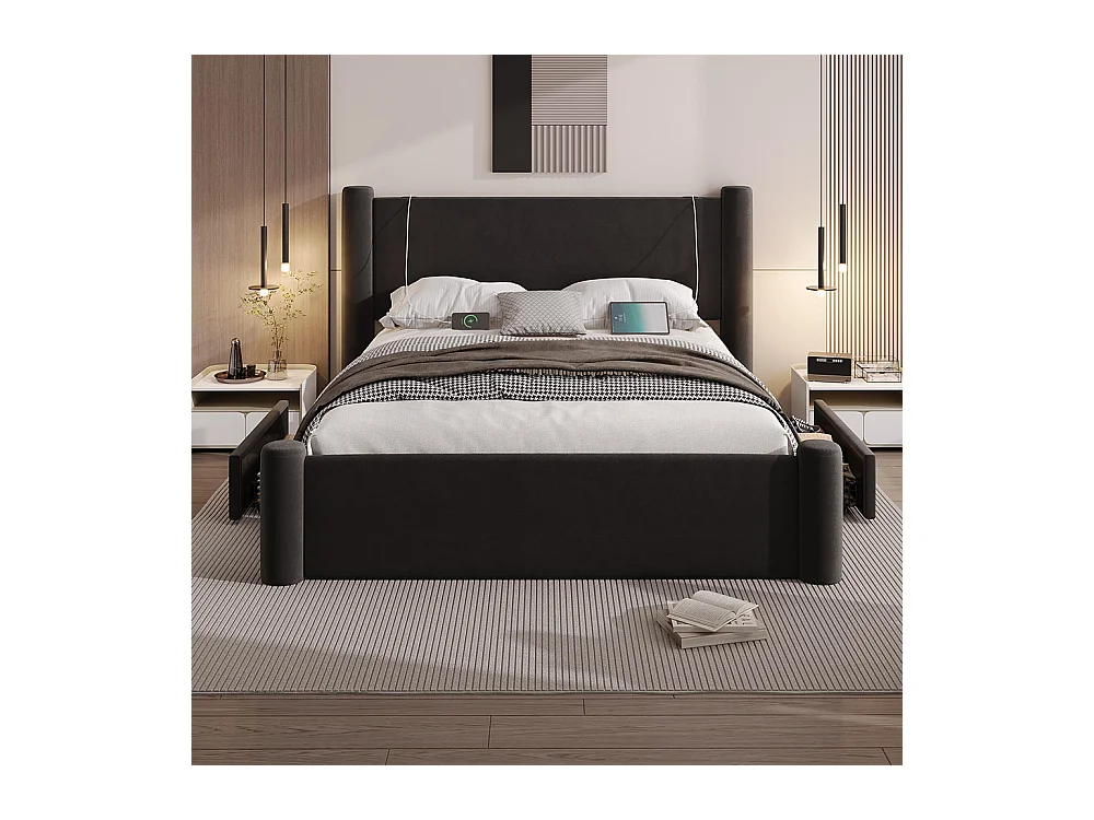 Lit avec tiroir 160x200 au design moderne design à colonnes 3D tête de lit rembourrée 2 tiroirs de rangement et ports USB intégrés noir