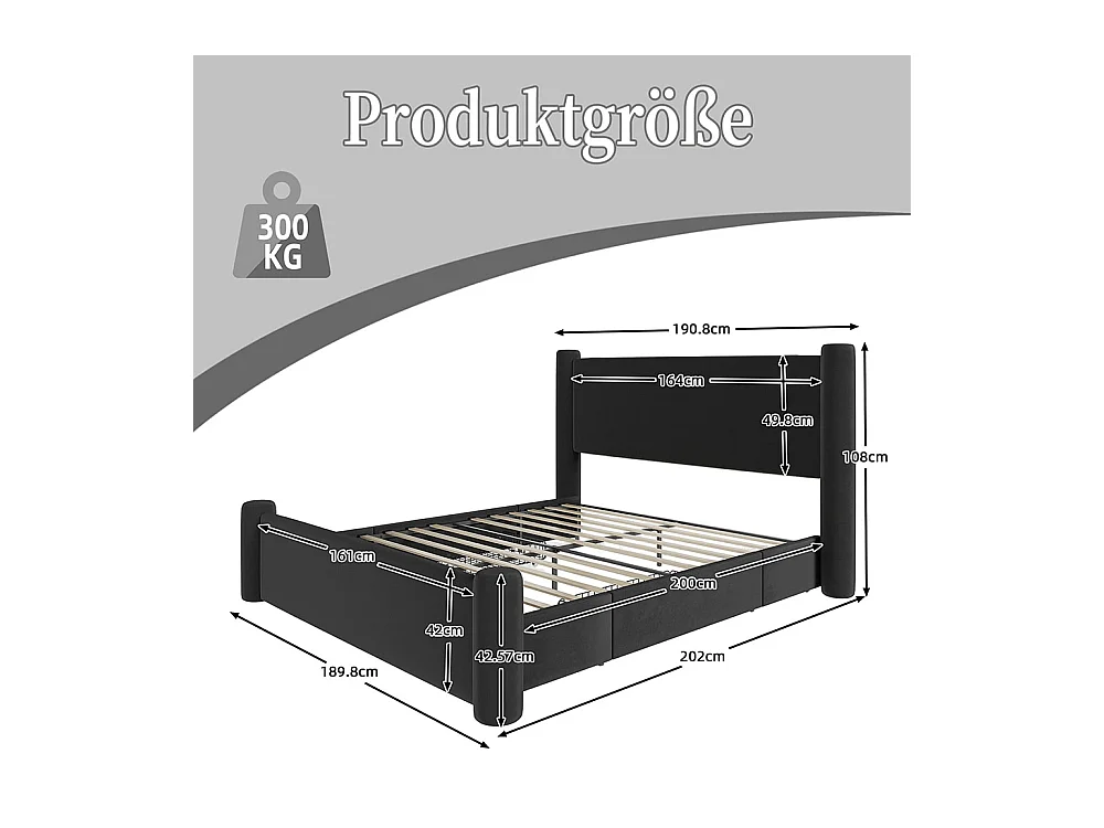Lit avec tiroir 160x200 au design moderne design à colonnes 3D tête de lit rembourrée 2 tiroirs de rangement et ports USB intégrés noir