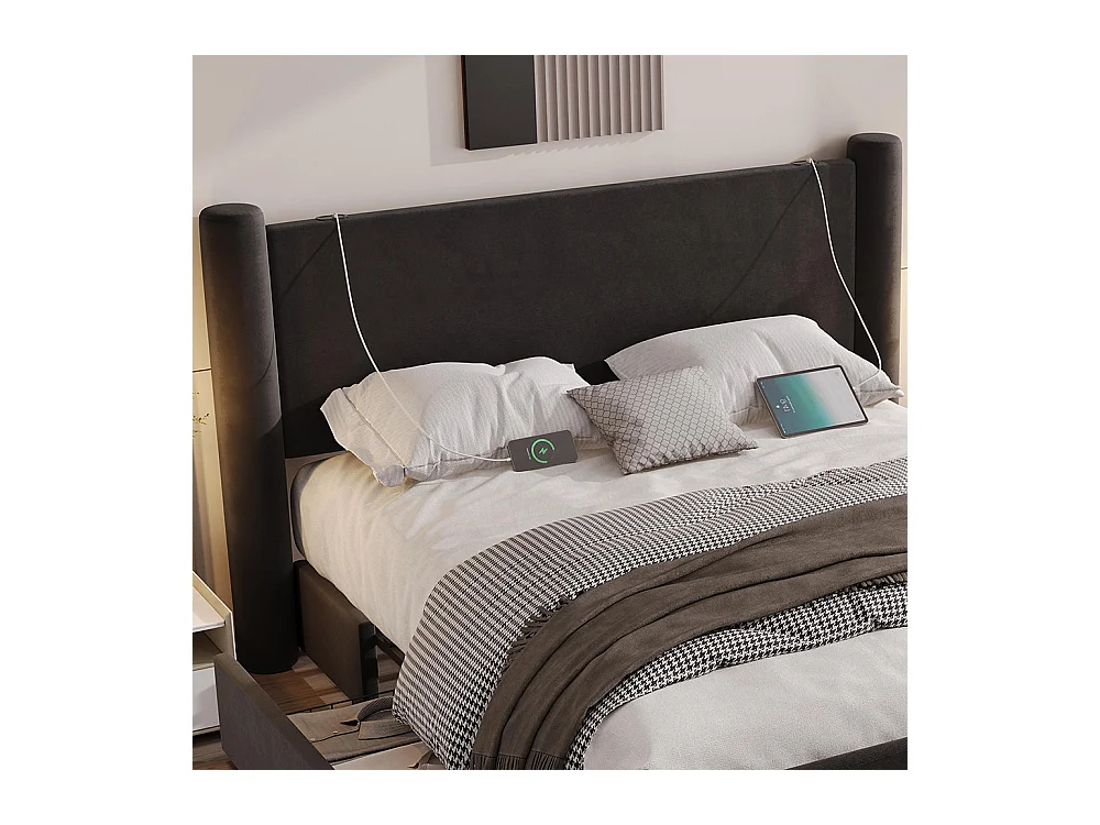 Lit avec tiroir 160x200 au design moderne design à colonnes 3D tête de lit rembourrée 2 tiroirs de rangement et ports USB intégrés noir