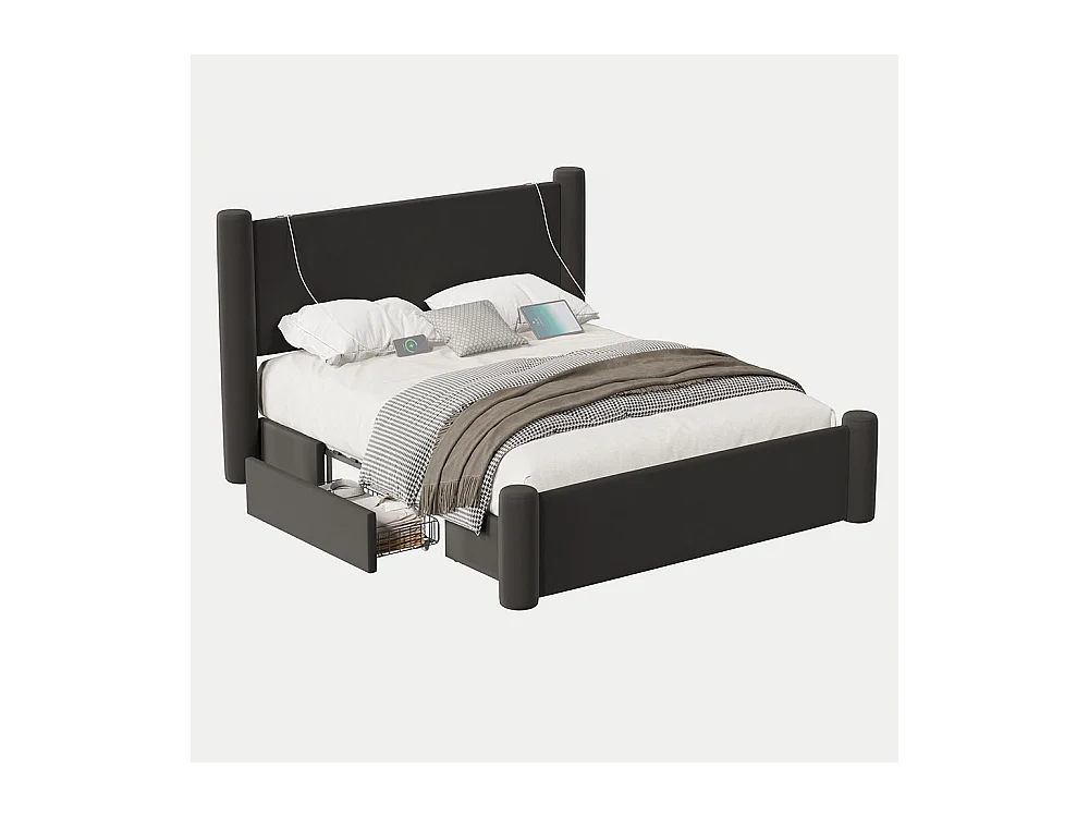 Lit avec tiroir 160x200 au design moderne design à colonnes 3D tête de lit rembourrée 2 tiroirs de rangement et ports USB intégrés noir