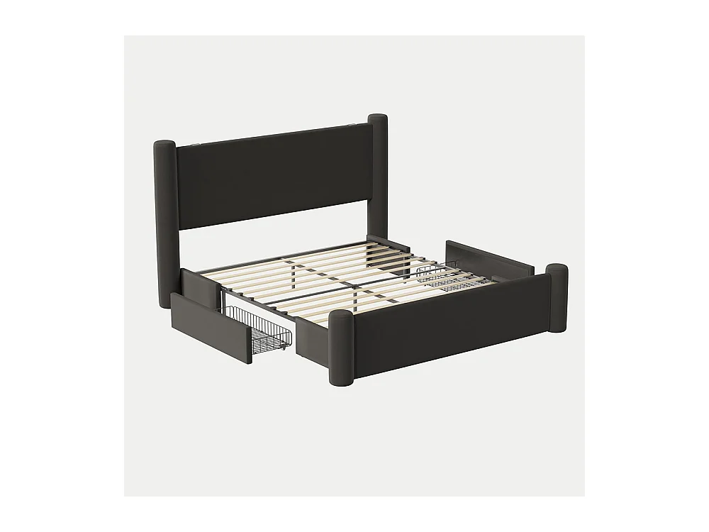 Lit avec tiroir 160x200 au design moderne design à colonnes 3D tête de lit rembourrée 2 tiroirs de rangement et ports USB intégrés noir