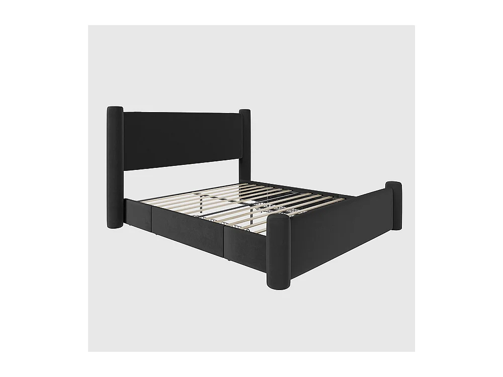 Lit avec tiroir 160x200 au design moderne design à colonnes 3D tête de lit rembourrée 2 tiroirs de rangement et ports USB intégrés noir