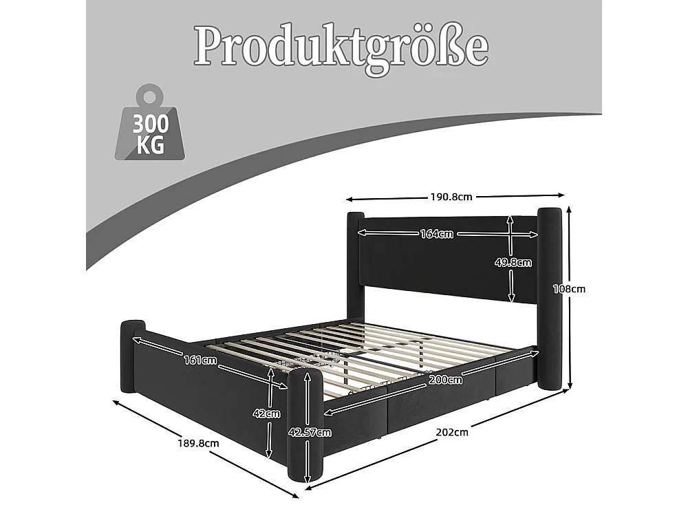 Lit avec tiroir 160x200 au design moderne design à colonnes 3D tête de lit rembourrée 2 tiroirs de rangement et ports USB intégrés noir