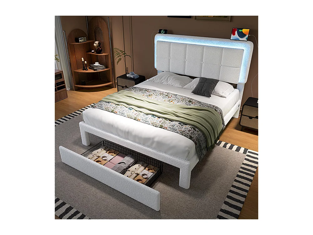 Lit avec tiroir moderne 160x200 avec revêtement en velours Teddy structure en fer et bois tête de lit réglable éclairage d'ambiance réglable port USB blanc