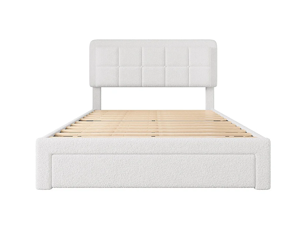 Lit avec tiroir moderne 160x200 avec revêtement en velours Teddy structure en fer et bois tête de lit réglable éclairage d'ambiance réglable port USB blanc