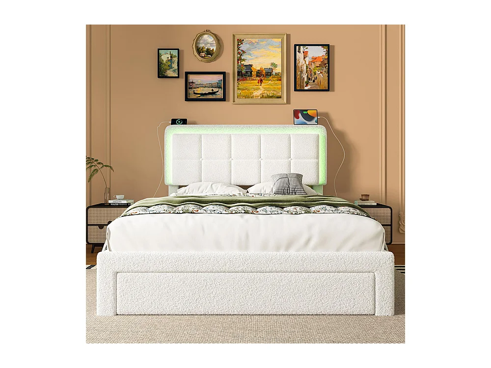 Lit avec tiroir moderne 160x200 avec revêtement en velours Teddy structure en fer et bois tête de lit réglable éclairage d'ambiance réglable port USB blanc