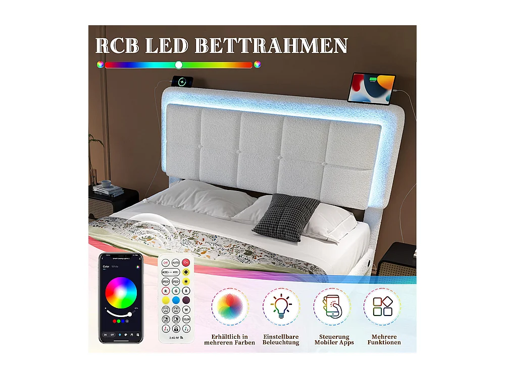 Lit avec tiroir moderne 160x200 avec revêtement en velours Teddy structure en fer et bois tête de lit réglable éclairage d'ambiance réglable port USB blanc