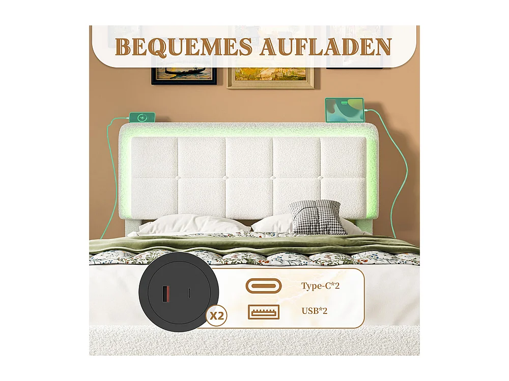 Lit avec tiroir moderne 160x200 avec revêtement en velours Teddy structure en fer et bois tête de lit réglable éclairage d'ambiance réglable port USB blanc