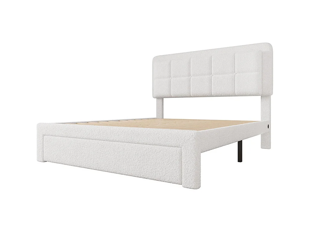 Lit avec tiroir moderne 160x200 avec revêtement en velours Teddy structure en fer et bois tête de lit réglable éclairage d'ambiance réglable port USB blanc