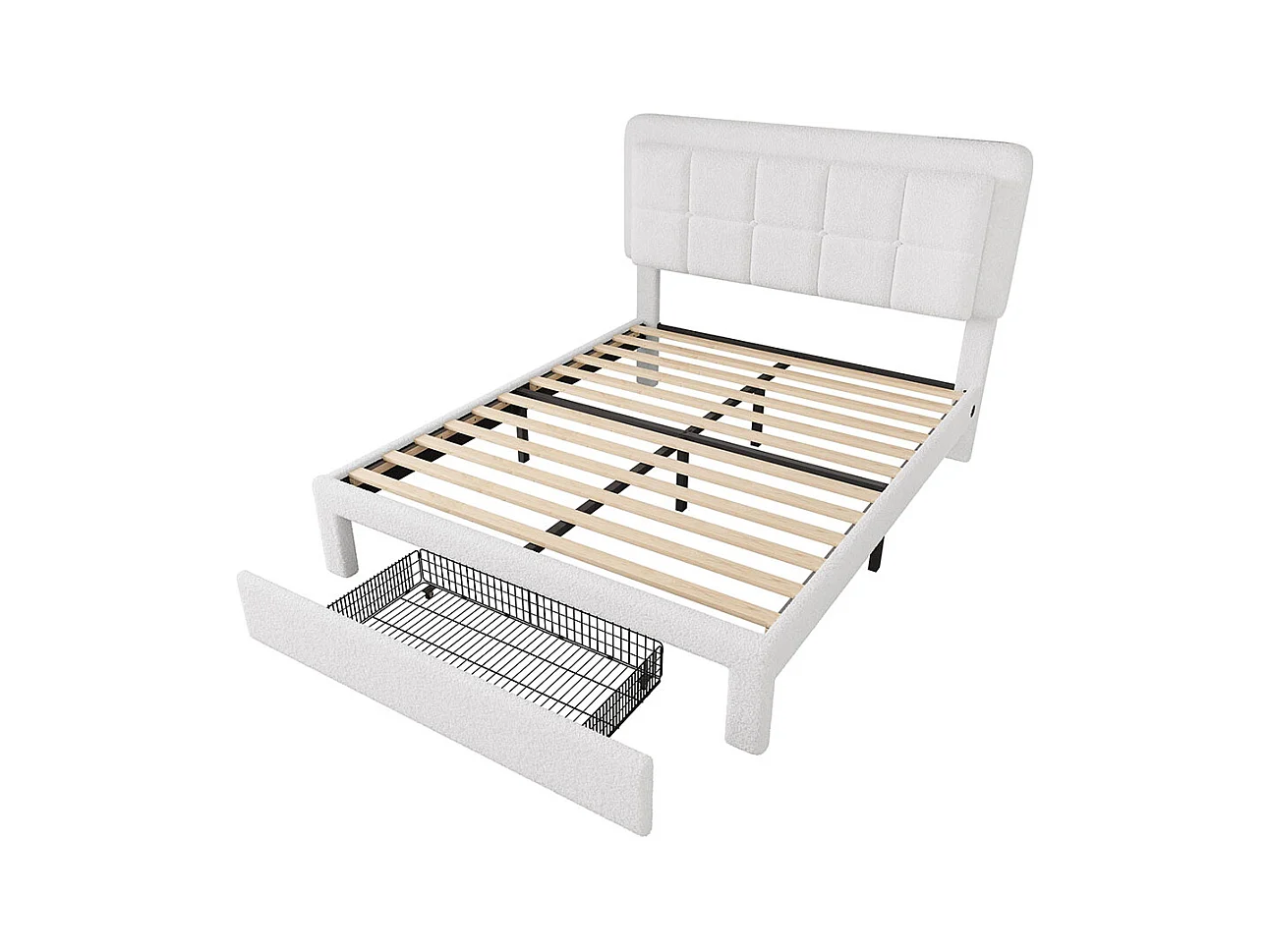 Lit avec tiroir moderne 160x200 avec revêtement en velours Teddy structure en fer et bois tête de lit réglable éclairage d'ambiance réglable port USB blanc