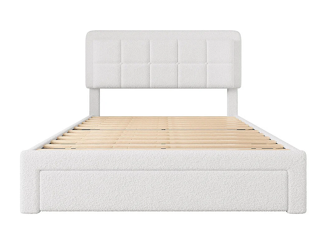 Lit avec tiroir moderne 160x200 avec revêtement en velours Teddy structure en fer et bois tête de lit réglable éclairage d'ambiance réglable port USB blanc